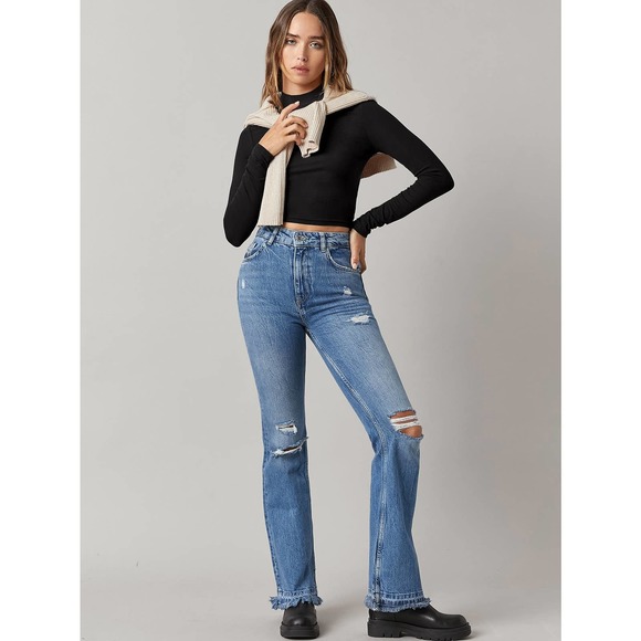 Long sleeve Mock Neck Solid Crop Tee shirt black - Picture 3 of 11